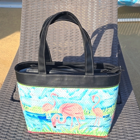 Hand Painted Flamingo Wicker Purse Artist: Paul Brent for Sun & Sand - Picture 2 of 10